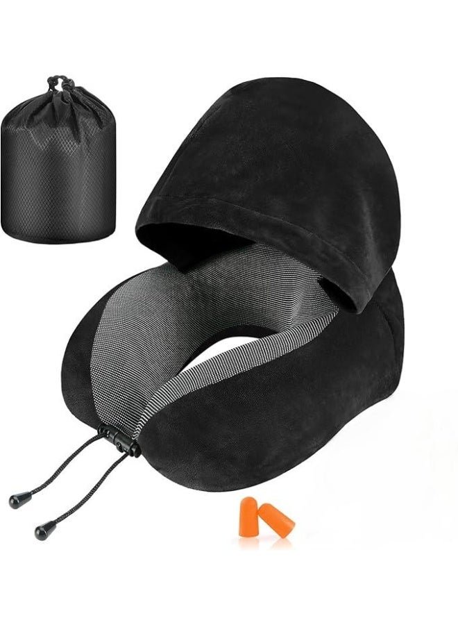 Travel Pillow, Neck Pillow for Travel with Hood for Airplane, Velvet Memory Foam Neck Pillow Adult Head & Neck Support, for Long Flights Plane, Office, Cars Sleeping & Rest - Image 1