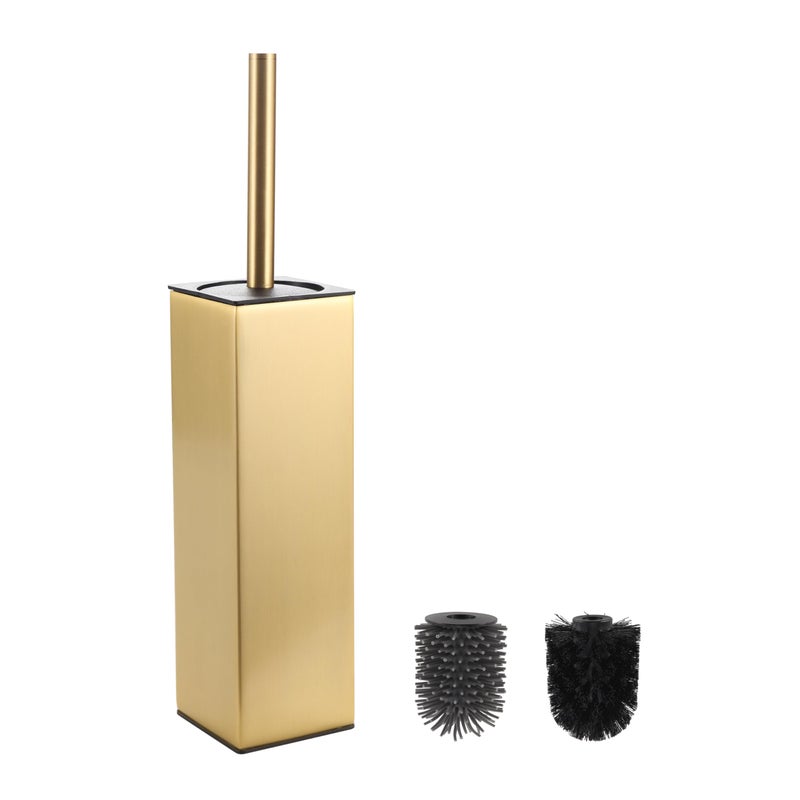 BVL Brushed Gold Toilet Brush Square Silicon Toilet Brush and Holder Free Standing Toilet Brush Including 2 Quick Drying Brush Heads