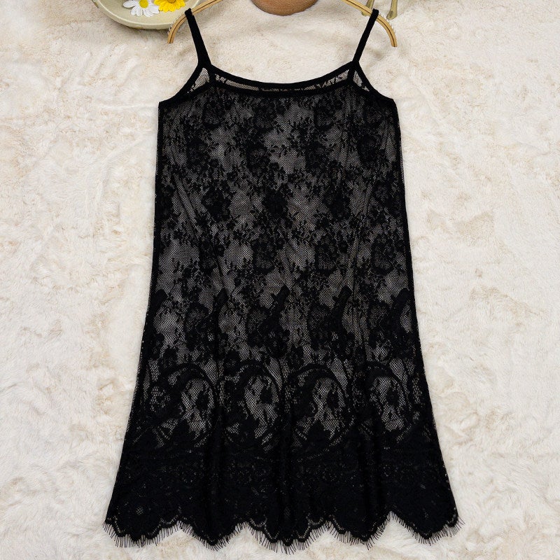 Spaghetti strap lace vest women's mesh top base shirt long new style spaghetti strap skirt black hem lace butt - Image 3