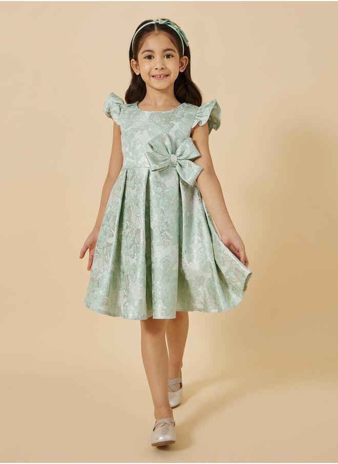 Styli Jacquard Frill Sleeve Bow Detail Dress  - Image 1