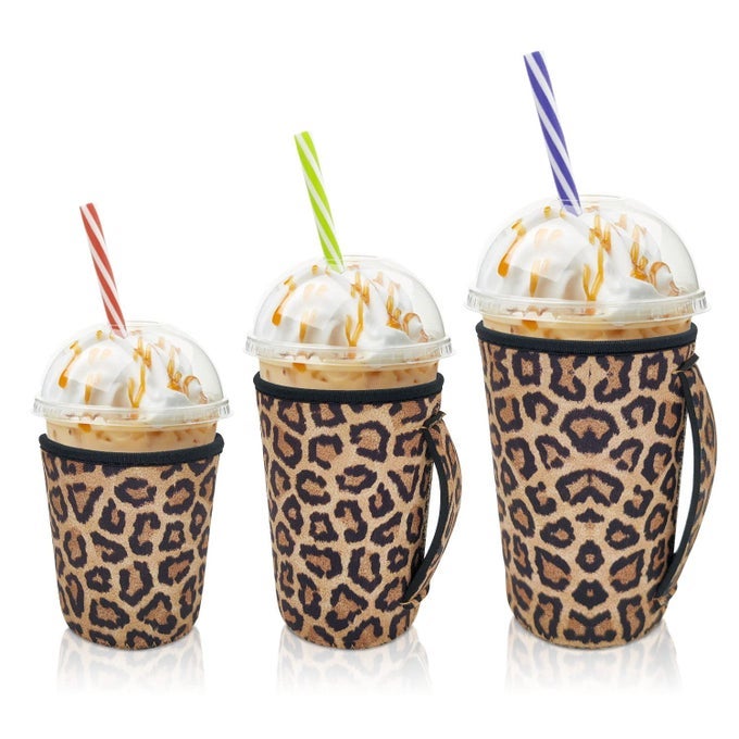 ICED COFFEE SLEEVE INSULATOR SLEEVES FOR COLD DRINKS BEVERAGES 3 PACK REUSABLE NEOPRENE CUP SLEEVE WITH HANDLE FOR 1632OZ COFFEE CUPS CLASSIC LEOPARD