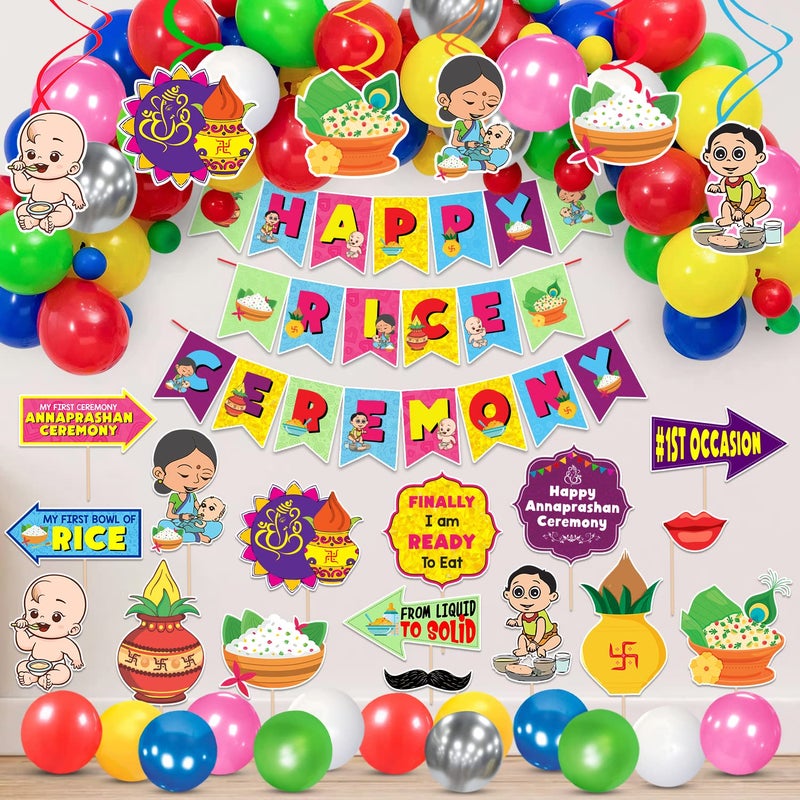 Zyozique Annaprasanam Swirls Hanging with Happy Rice Ceremony Paper Banner and Balloon,Photo Booth Props,Rice Ceremony Decorations,Baby Photoshoot Props for Rice Ceremony (Pack of 50) - Image 1