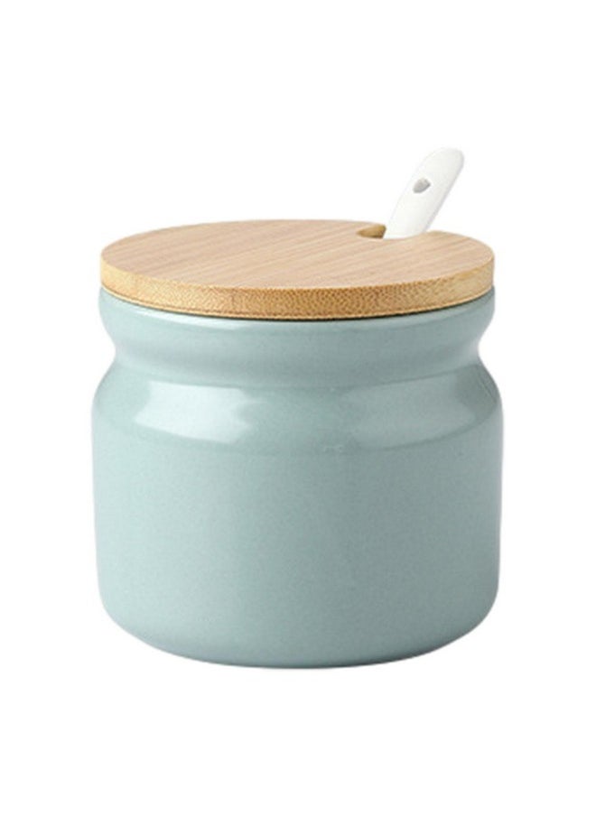 LVOERTUIG LVOERTUIG Ceramic Sugar Bowl, Porcelain Sugar Bowl with Wooden Lid and Porcelain Spoon 300ml Condiment Jar Spice Container for Home Kitchen Serve Sugar, Salt or Pepper(Light Green)  - Image 1