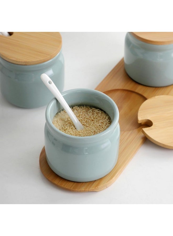 LVOERTUIG LVOERTUIG Ceramic Sugar Bowl, Porcelain Sugar Bowl with Wooden Lid and Porcelain Spoon 300ml Condiment Jar Spice Container for Home Kitchen Serve Sugar, Salt or Pepper(Light Green)  - Image 5