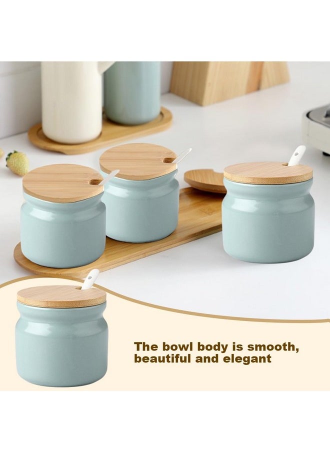 LVOERTUIG LVOERTUIG Ceramic Sugar Bowl, Porcelain Sugar Bowl with Wooden Lid and Porcelain Spoon 300ml Condiment Jar Spice Container for Home Kitchen Serve Sugar, Salt or Pepper(Light Green)  - Image 2