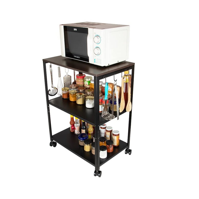DECOWORLD 3 Tier Premium Microwave OTG Stand Mutiple Platforms for Extra Storage with Hooks and Wheels Kitchen Oven Rack
