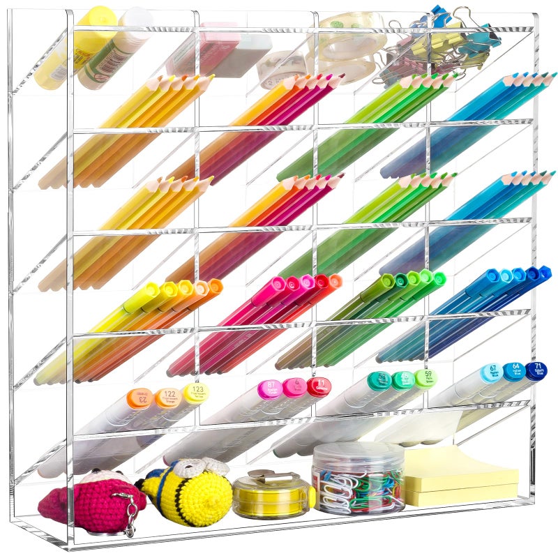 BEYGORM Acrylic Vertical Marker Organizer for 250 Markers with 21 Compartments, Clear Angled Pen & Pencil Holder, Large Desk Stationery & Art Supply Storage for Office & School (13 x 12.5 x 4 Inch) - Image 1