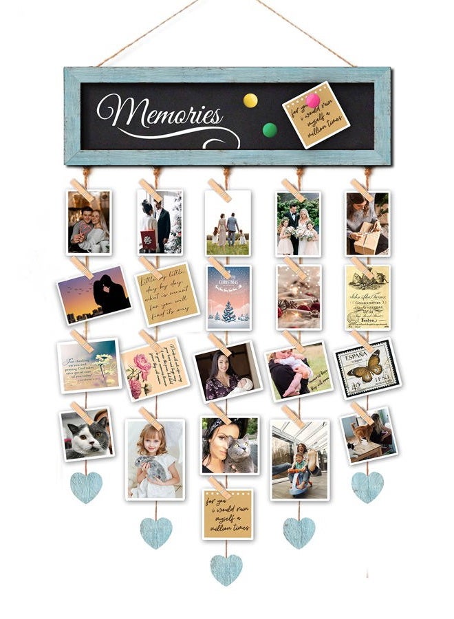 EXQUIDECA Picture Frames Collage Display Board with 30 Clips - Multi Photos Cards Organizer with Adjustable Twines and Magnetic Blackboard - DIY Wall Decor Hanging Picture Holder 15.7x5 Inches - Image 1