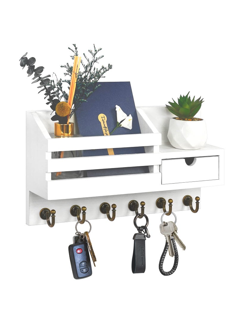 FifthQuarter FifthQuarter Key and Mail Holder For Wall Mail Organizer Wall Mount with 6 Hooks and Storage Drawer Easy Installation Key Rack for Entryway and Home Decor AWhite 