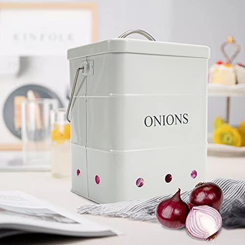 Xbopetda Onion Storage Bin, Metal Storage Tin for Onion, Kitchen Storage Canister with Aerating Tin Storage Holes - Kitchen Pantry Organizer Tin Vegetable Fresh Keeper (White) - Image 4