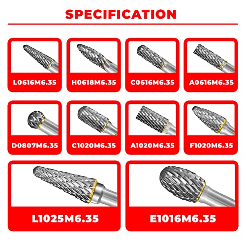 Pilim Tungsten Carbide Burr Set 1/4" Shank 10PC Double Cut Rotary Cutting Burrs Die Grinder Bits for Steel and Wood Working, Grinding, Carving, and Engraving - Image 3