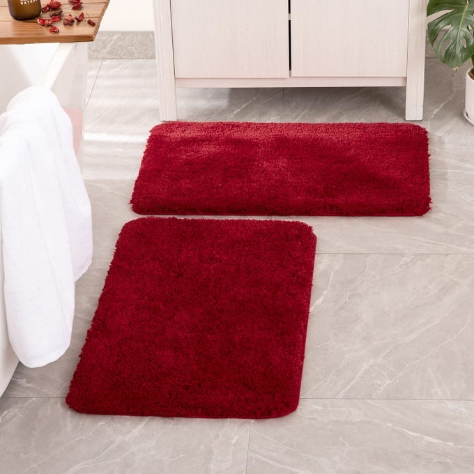CHRISTMAS RED SET OF 2 NON SLIP SHAGGY BATHROOM RUGS EXTRA THICK SOFT BATH MATS PLUSH MICROFIBER ABSORBENT WATER FOR TUB SHOWER MACHINE WASHABLE 16X24 INCHES