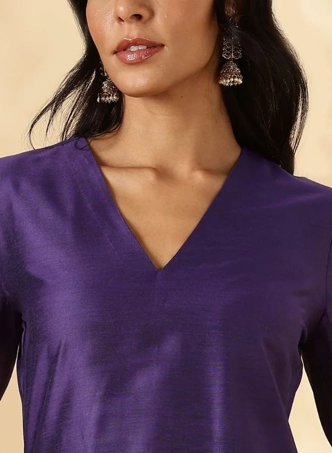 أبهشتي Purple Ruched-Sleeve Kurta Pant set