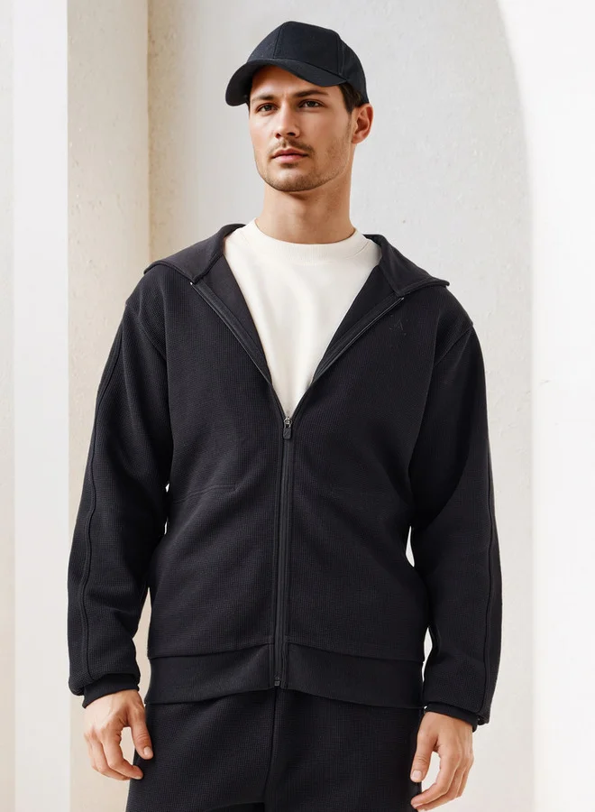 Waffle Textured Zip Through Hoodie with Zip Closure