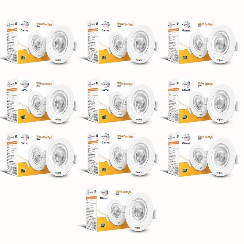 WIPRO Wipro Garnet 3W Round Led Wave SpotlightCob Spotlight for CeilingWarm White Light 2700KAdjustable DesignRecessed Tiltable Downlighter for False CeilingCutout60 MmPack of 10  - Image 1