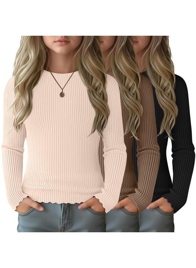 LessonZoo 3 Pack Girls' Long Sleeve Tops Crewneck Cotton Ribbed Tees Shirt with Flower Edge Cute Undershirt Base Layering, Black, Mocha, Cream, 7-8 Years - Image 1