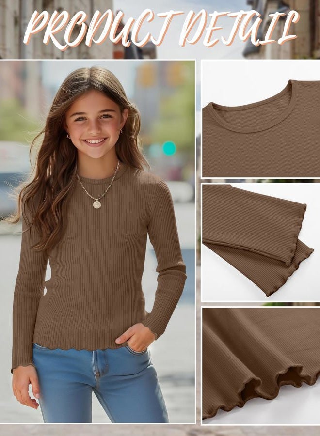 LessonZoo 3 Pack Girls' Long Sleeve Tops Crewneck Cotton Ribbed Tees Shirt with Flower Edge Cute Undershirt Base Layering, Black, Mocha, Cream, 7-8 Years - Image 5