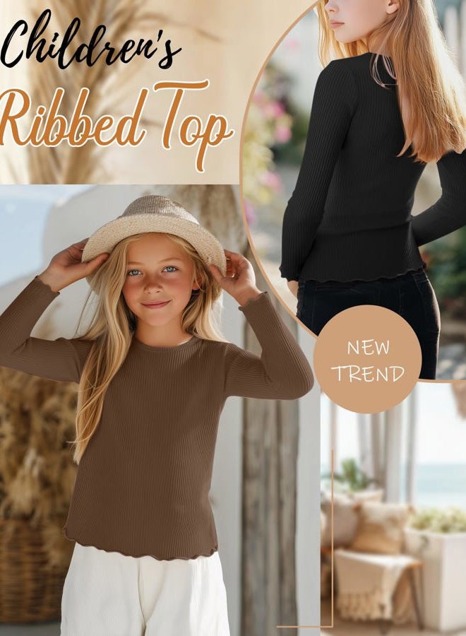 LessonZoo 3 Pack Girls' Long Sleeve Tops Crewneck Cotton Ribbed Tees Shirt with Flower Edge Cute Undershirt Base Layering, Black, Mocha, Cream, 7-8 Years - Image 3