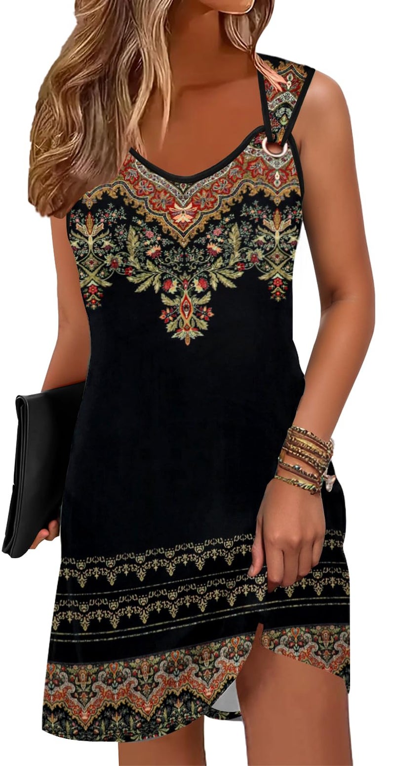 Disamer Summer Dresses for Women 2026 Sundresses Sleeveless Beach Swimsuit Cover Ups Spring Casual Tank Tshirt Sun Dress,Flower Vine Black,Large - Image 1