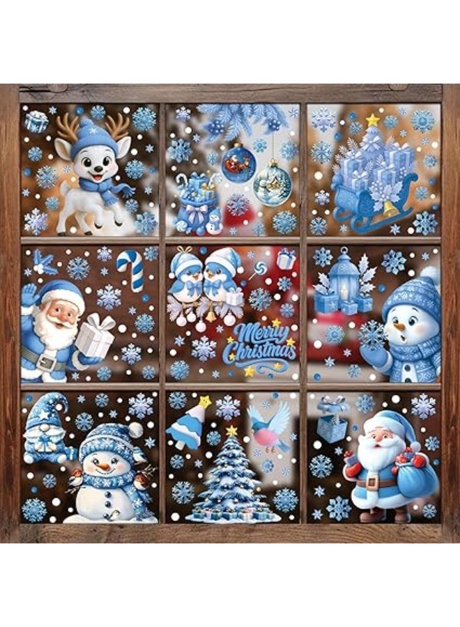 9 Sheets Christmas Window Clings-Static Sticker Set with Bells, Reindeer, Santa, Snowflakes & Snowman for Holiday Party Decor (Blue) - Image 1