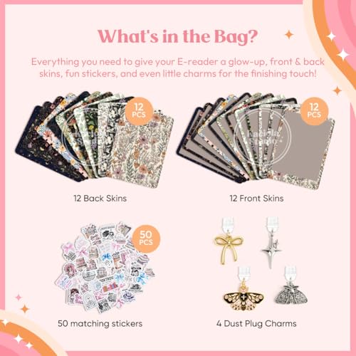 KACIOLA STUDIO 24PCS Vintage Floral Skin for E-Reader, and 4PCS Type C Charms for E-Reader with Scrapbook Stickers, 6.2"x4.3" Skin Front and Back Decal Inserts for Basic (Vintage Floral) - Image 3
