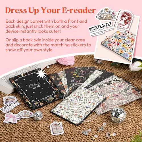 KACIOLA STUDIO 24PCS Vintage Floral Skin for E-Reader, and 4PCS Type C Charms for E-Reader with Scrapbook Stickers, 6.2"x4.3" Skin Front and Back Decal Inserts for Basic (Vintage Floral) - Image 2