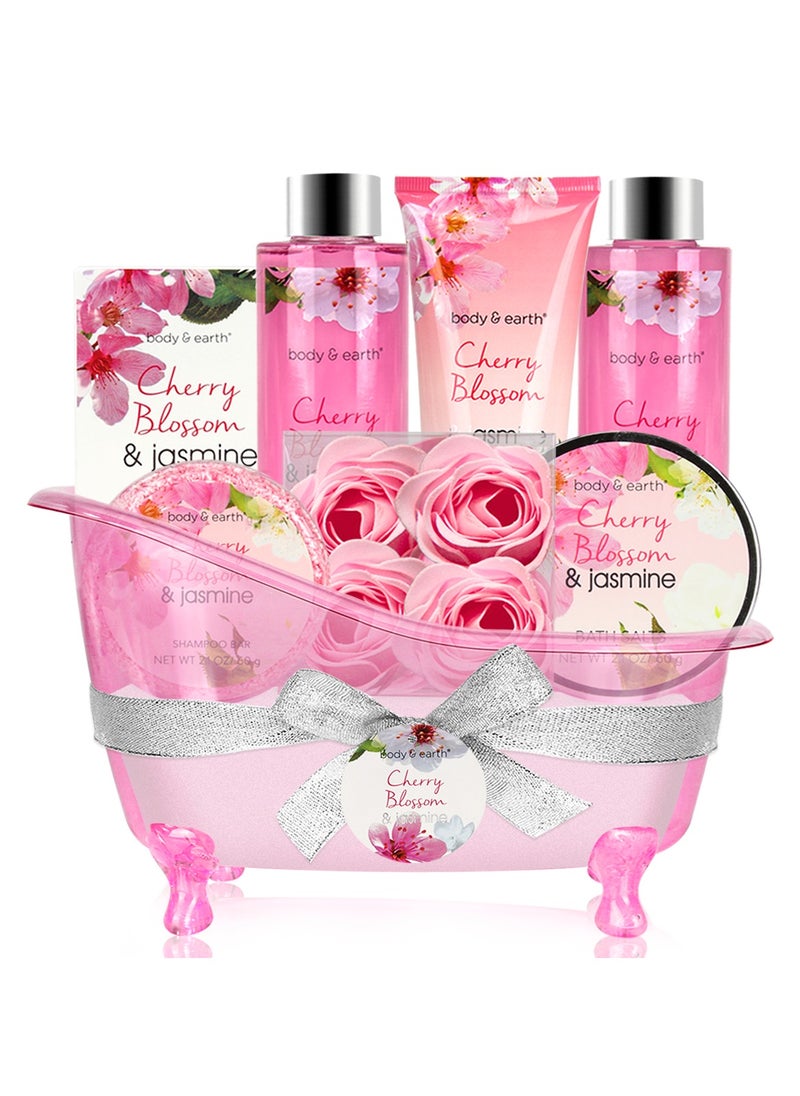 BODY & EARTH Gift Basket for Women-Spa Gift Baskets Body&Earth 8 Pcs Women Bath Sets with Cherry Blossom&Jasmine Scent Bubble Bath,Shower Gel,Body & Hand Lotion,Bath Salts,Gifts Set for Women  - Image 1