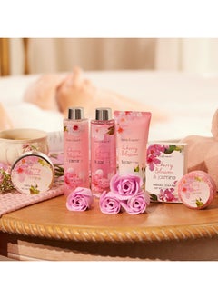 BODY & EARTH Gift Basket for Women-Spa Gift Baskets Body&Earth 8 Pcs Women Bath Sets with Cherry Blossom&Jasmine Scent Bubble Bath,Shower Gel,Body & Hand Lotion,Bath Salts,Gifts Set for Women  - Image 2