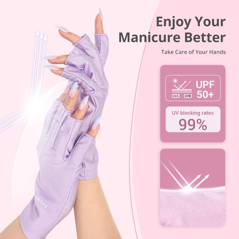 AIRSEE قفازات AIRSEE UV لمصباح الأظافر، قفازات حماية UV احترافية UPF50+ لفن الأظافر، قفازات بدون أصابع تحمي البشرة من الشمس ومصباح الأظافر (بنفسجي) - Image 2