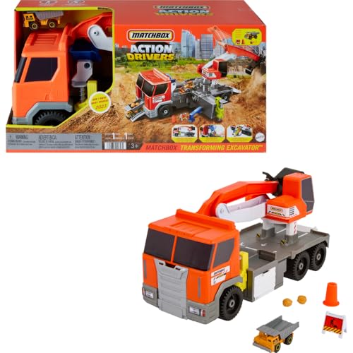 Matchbox Cars Playset Action Drivers Transforming Excavator Large Toy Truck 164 Scale Construction Vehicle 4 Accessories - Image 1