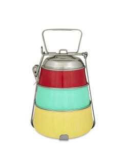 Elan Elan Stainless Steel Lunch Box with Handle | Tiffin with Lid and Handle | 3 Compartment Traditional Tiffin Box | Easy to Carry| Leak Proof | Locking Clip | School and Office Use (Red-Aqua-Yellow)  - Image 1