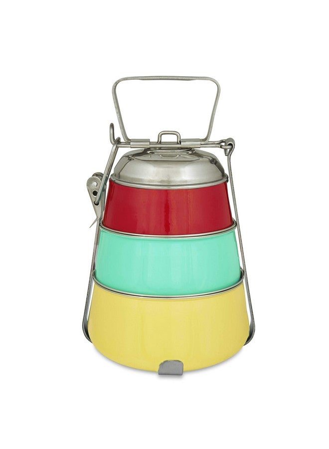 Elan Elan Stainless Steel Lunch Box with Handle | Tiffin with Lid and Handle | 3 Compartment Traditional Tiffin Box | Easy to Carry| Leak Proof | Locking Clip | School and Office Use (Red-Aqua-Yellow)  - Image 1