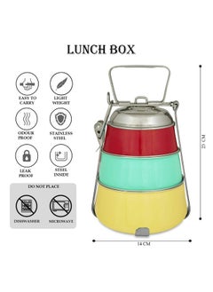 Elan Elan Stainless Steel Lunch Box with Handle | Tiffin with Lid and Handle | 3 Compartment Traditional Tiffin Box | Easy to Carry| Leak Proof | Locking Clip | School and Office Use (Red-Aqua-Yellow)  - Image 2