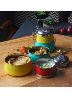 Elan Elan Stainless Steel Lunch Box with Handle | Tiffin with Lid and Handle | 3 Compartment Traditional Tiffin Box | Easy to Carry| Leak Proof | Locking Clip | School and Office Use (Red-Aqua-Yellow)  - Image 4