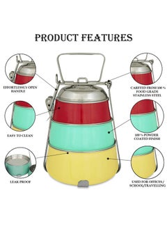 Elan Elan Stainless Steel Lunch Box with Handle | Tiffin with Lid and Handle | 3 Compartment Traditional Tiffin Box | Easy to Carry| Leak Proof | Locking Clip | School and Office Use (Red-Aqua-Yellow)  - Image 3