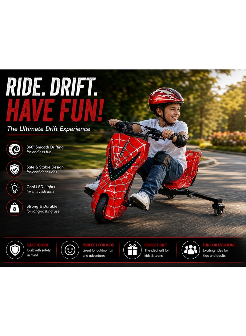 Kids Electric Drift Trike 250W with LED Lights, Safety Helmet & Protective Gear, 36V Battery, 3 Speed Modes, Max Load 70kg - Image 2