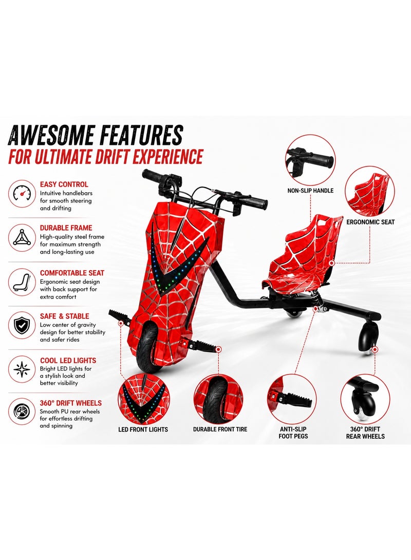 Kids Electric Drift Trike 250W with LED Lights, Safety Helmet & Protective Gear, 36V Battery, 3 Speed Modes, Max Load 70kg - Image 3