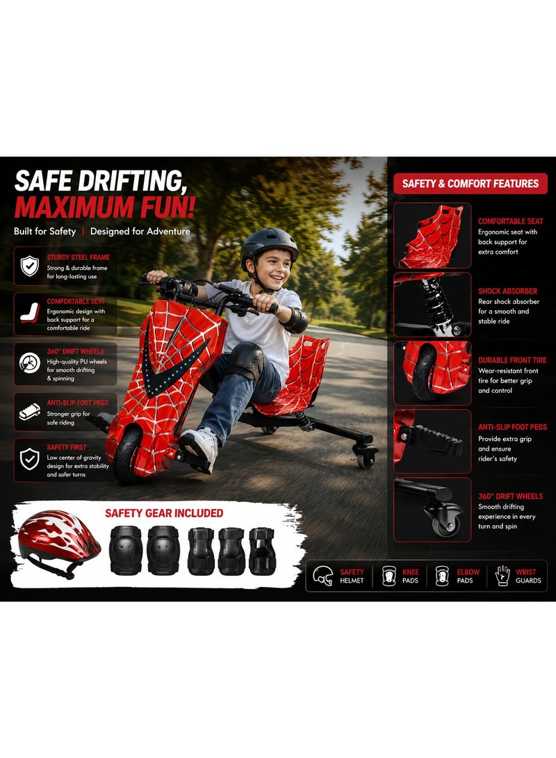 Kids Electric Drift Trike 250W with LED Lights, Safety Helmet & Protective Gear, 36V Battery, 3 Speed Modes, Max Load 70kg - Image 4