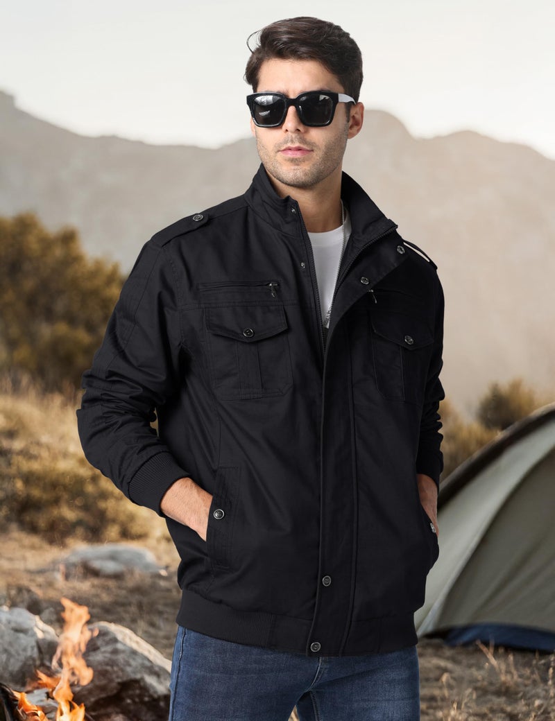 CRYSULLY Men's Casual Lightweight Long Sleeve Full Zip Up Jackets With Shoulder Straps Cotton Bomber Coat - Image 4