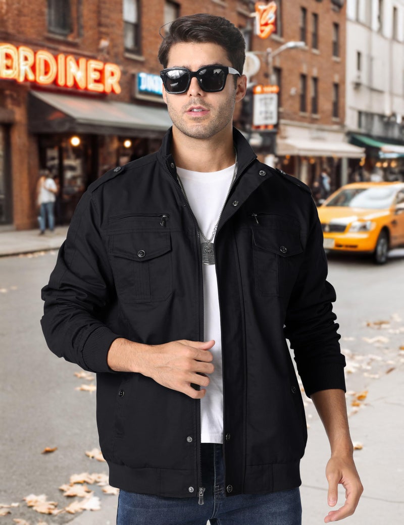CRYSULLY Men's Casual Lightweight Long Sleeve Full Zip Up Jackets With Shoulder Straps Cotton Bomber Coat - Image 3