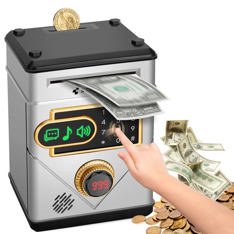 Refasy Piggy Bank for Boys Age 3 4 5+, Kids Safe Electronic Piggy Banks Money Saving Box Password ATM Bank for Kids Money Bank Cash Coin Can Birthday Gifts Toys for 3-12 Year Old Boys Girls (Silver) - Image 1