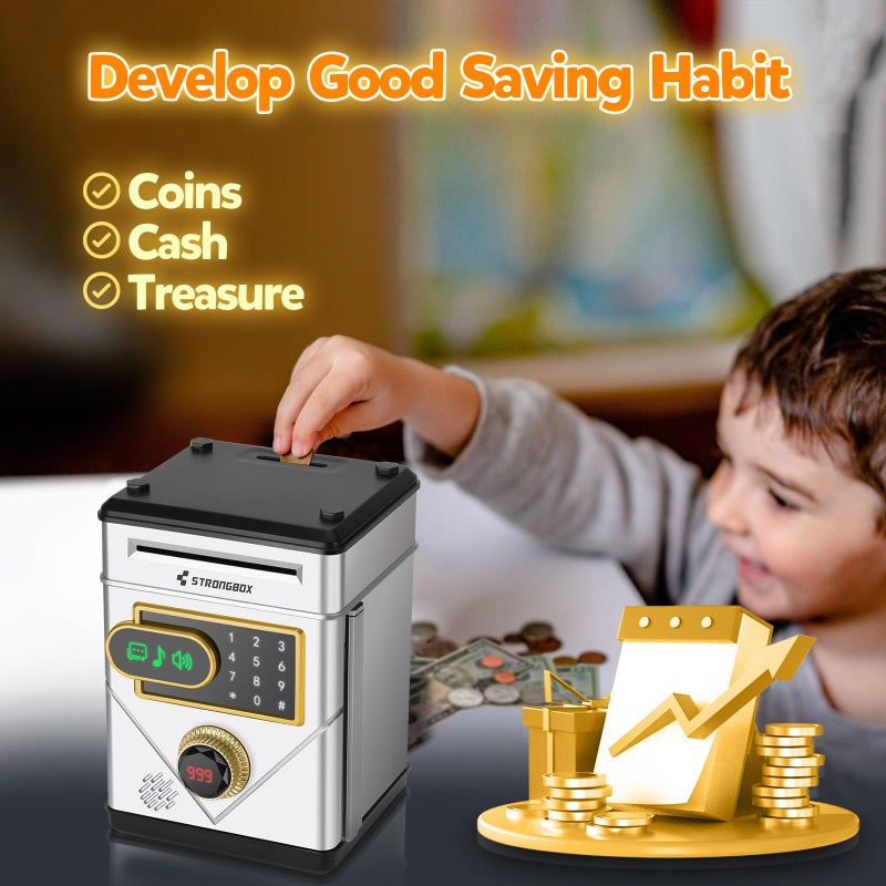 Refasy Piggy Bank for Boys Age 3 4 5+, Kids Safe Electronic Piggy Banks Money Saving Box Password ATM Bank for Kids Money Bank Cash Coin Can Birthday Gifts Toys for 3-12 Year Old Boys Girls (Silver) - Image 3