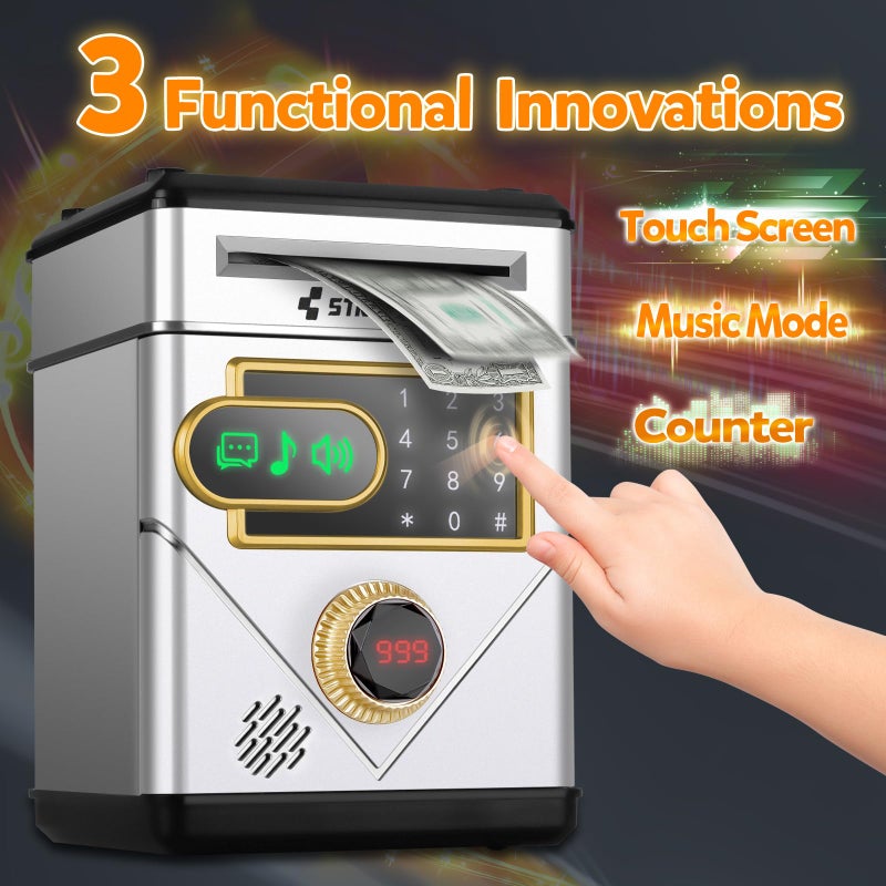 Refasy Piggy Bank for Boys Age 3 4 5+, Kids Safe Electronic Piggy Banks Money Saving Box Password ATM Bank for Kids Money Bank Cash Coin Can Birthday Gifts Toys for 3-12 Year Old Boys Girls (Silver) - Image 2