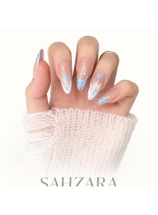 Blue Star Gradient French Tip Press On Nails | 30PCS Long Coffin Shape Reusable ABS Nail Set | Premium Glossy Sparkle Finish | Enhanced Size Variety for Perfect Fit | Durable Scratch-Resistant Waterproof Nails | Salon-Quality Elegant Nail Art for Party, Daily Wear & Gift - view 2