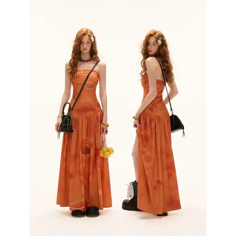 Orange Printed Strapless A-Line Maxi Dress - Image 1