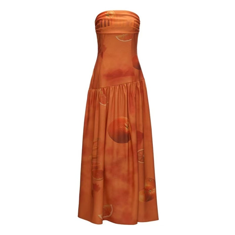Orange Printed Strapless A-Line Maxi Dress - Image 4