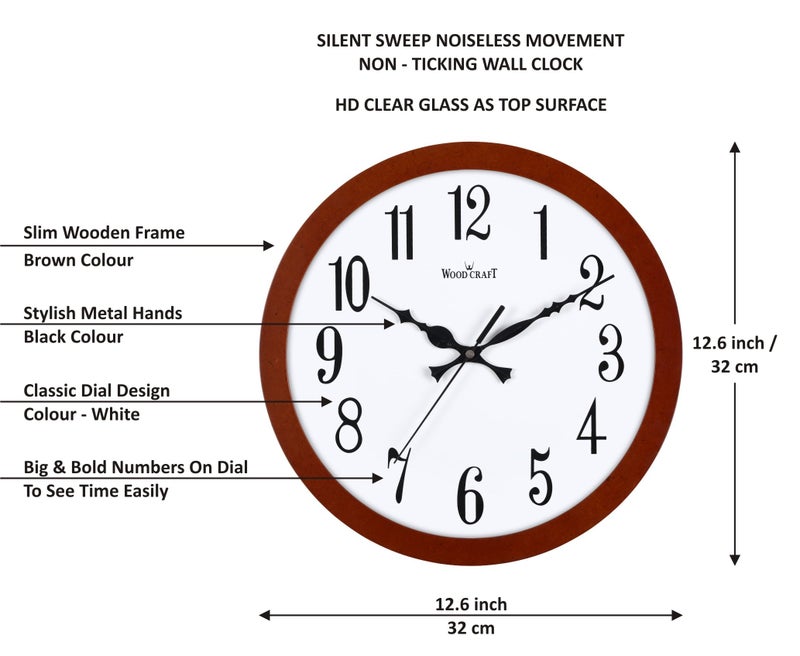 Wood Craft WS-1008: Wooden, Modern Wall Clock - 32cm x 32cm x 4cm (Size - Medium), Brown Frame-White Dial, Round - Image 2