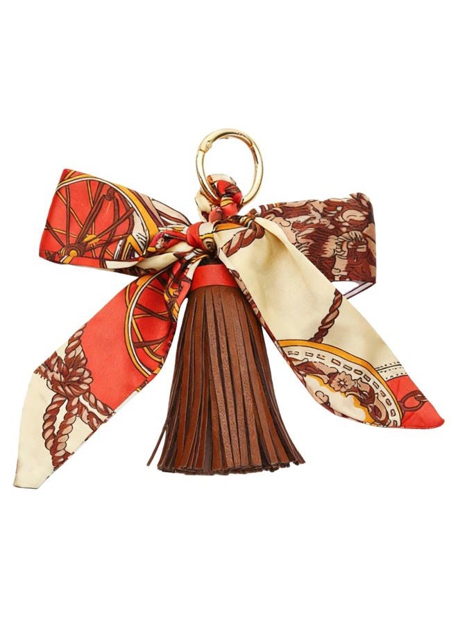 QTMY Silk Ribbon Bow Tassel Bag Pendant Charm Keyring Keychain for Women Purse Handbag Decor, Brown, 5" - Image 1