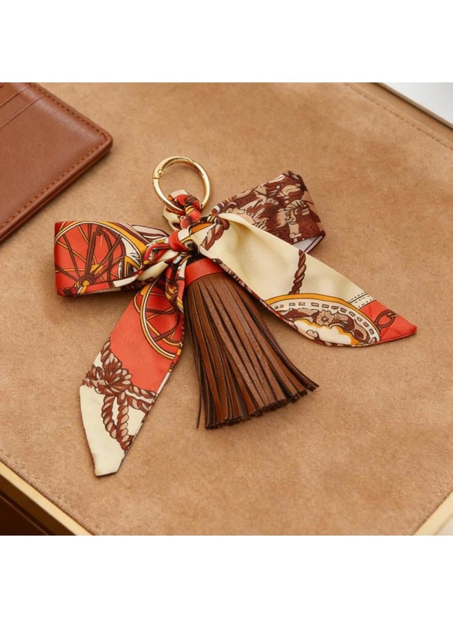 QTMY Silk Ribbon Bow Tassel Bag Pendant Charm Keyring Keychain for Women Purse Handbag Decor, Brown, 5" - Image 2
