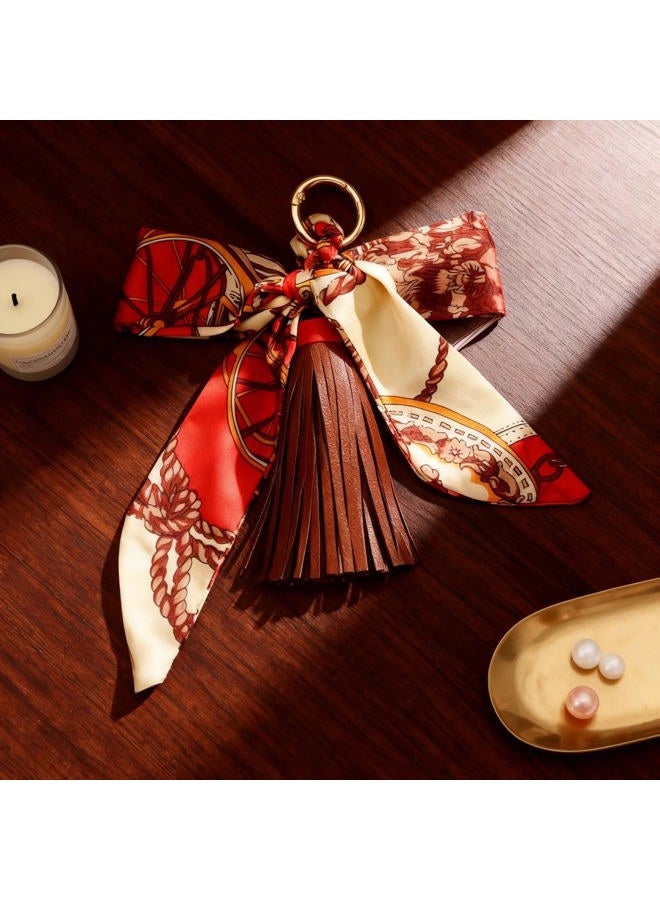QTMY Silk Ribbon Bow Tassel Bag Pendant Charm Keyring Keychain for Women Purse Handbag Decor, Brown, 5" - Image 3
